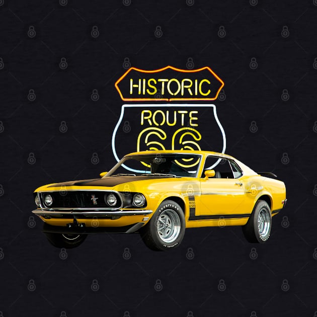 1969 Boss 302 Mustang in our route 66 series on front and back by Permages LLC